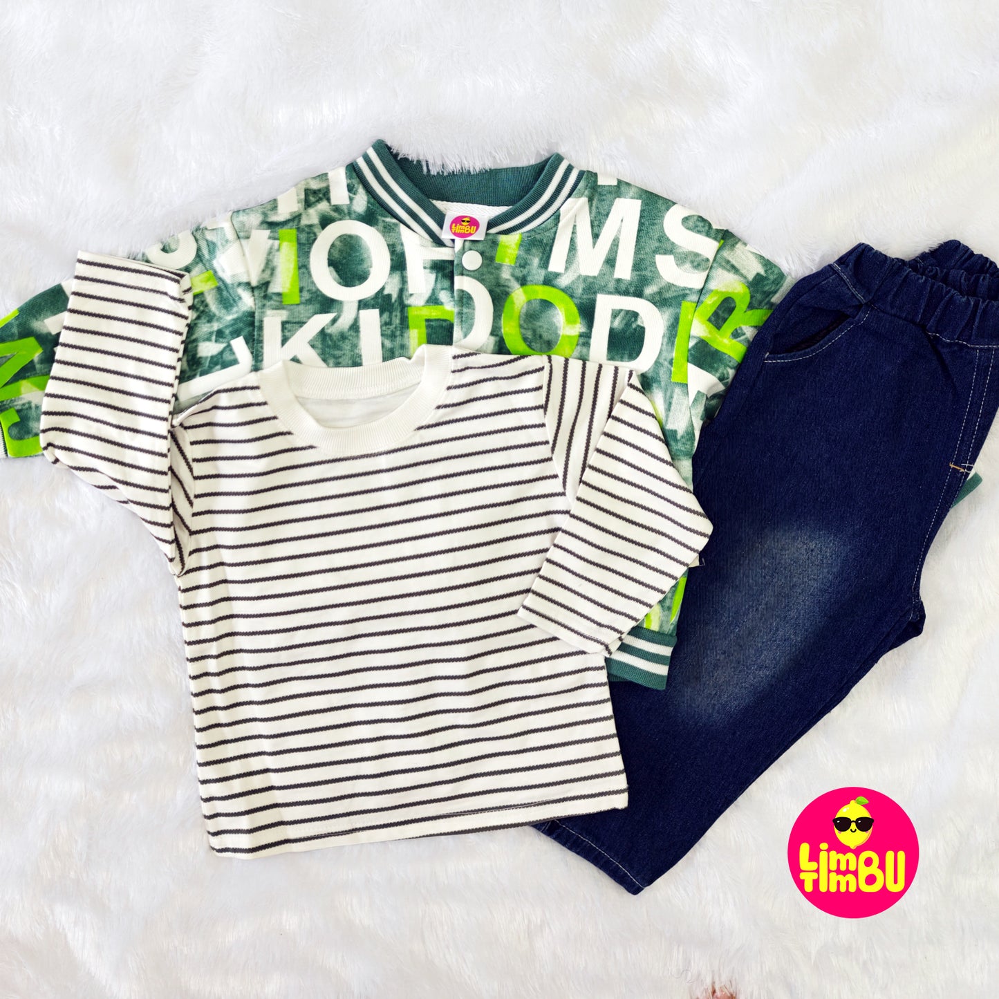 Limbu Timbu - Loose Fit Green Printed Casual 3 pc Set for boy